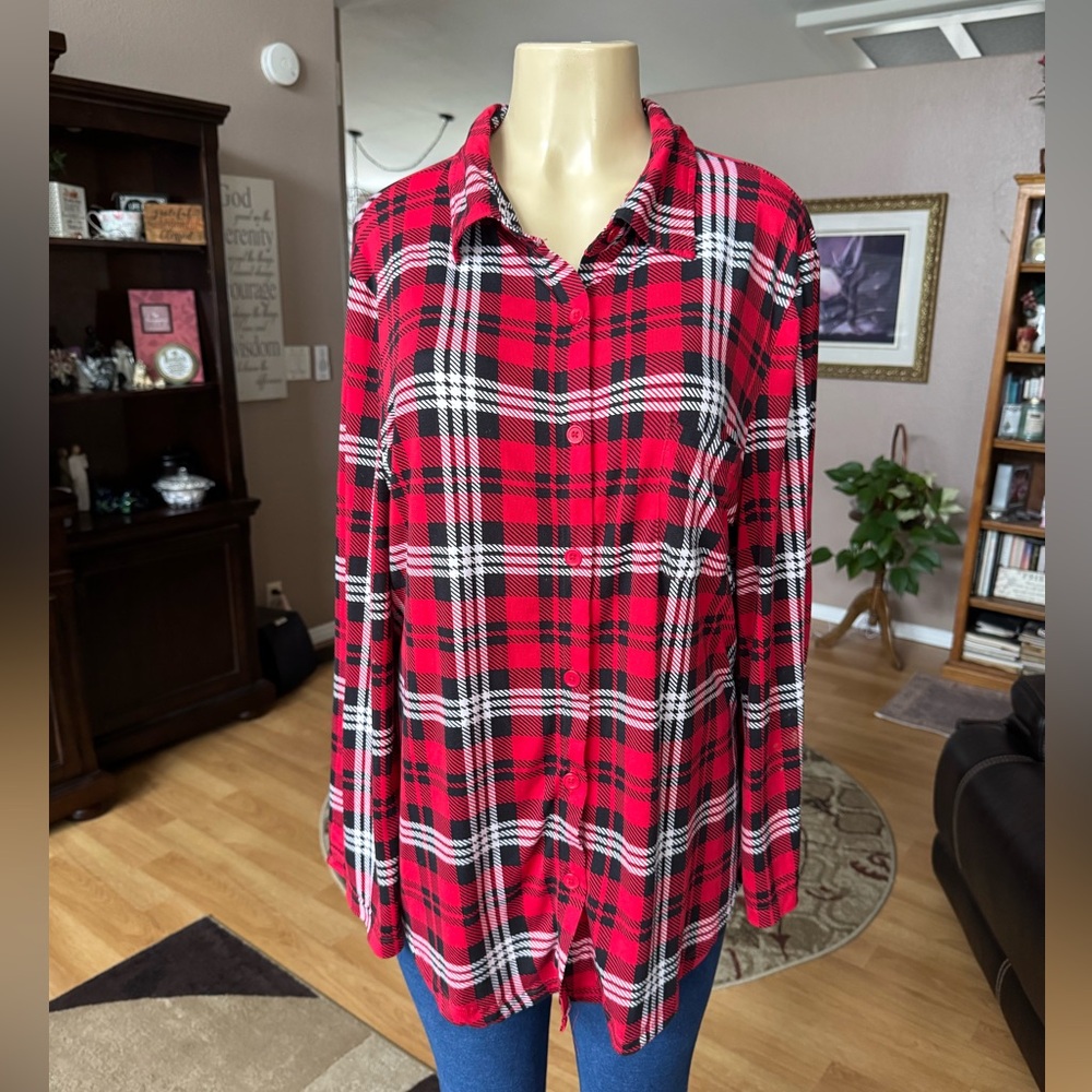 Splash red & black plaid long sleeve button up knit shirt-size XL